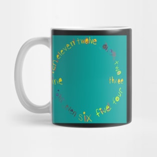 Teal O'Clock with Numbers, watercolor in blue teal lime green yellow Mug